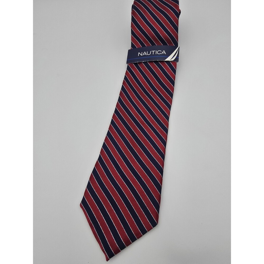 NAUTICA Men's Classic 100% Silk Necktie Designer STRIPED Red/Blue/White GUC